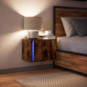 Comodino a Parete con Luci LED-Tavolino da notte sospeso Rovere Fumo 176597