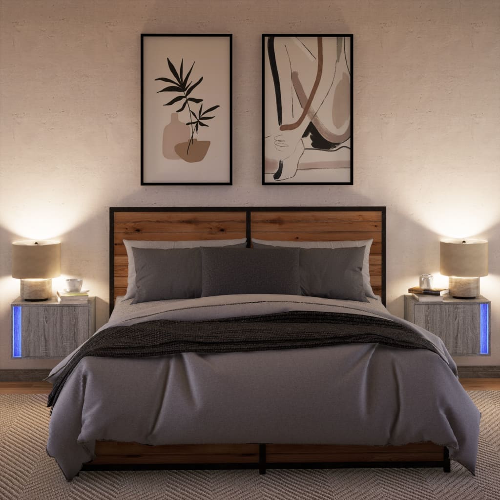 vidaXL Comodini a Parete con luci LED 2 pz Grigio Sonoma