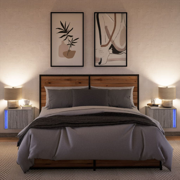 vidaXL Comodini a Parete con luci LED 2 pz Grigio Sonoma