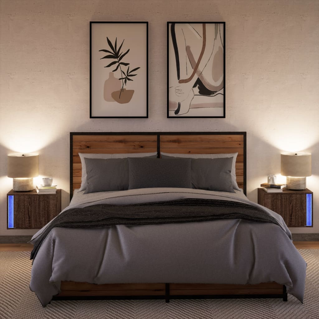Comodini a Parete con luci LED 2 pz-Set di 2 Tavolino da notte Rovere Marrone 625394