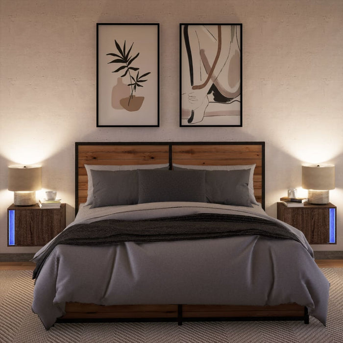 Comodini a Parete con luci LED 2 pz-Set di 2 Tavolino da notte Rovere Marrone 625394
