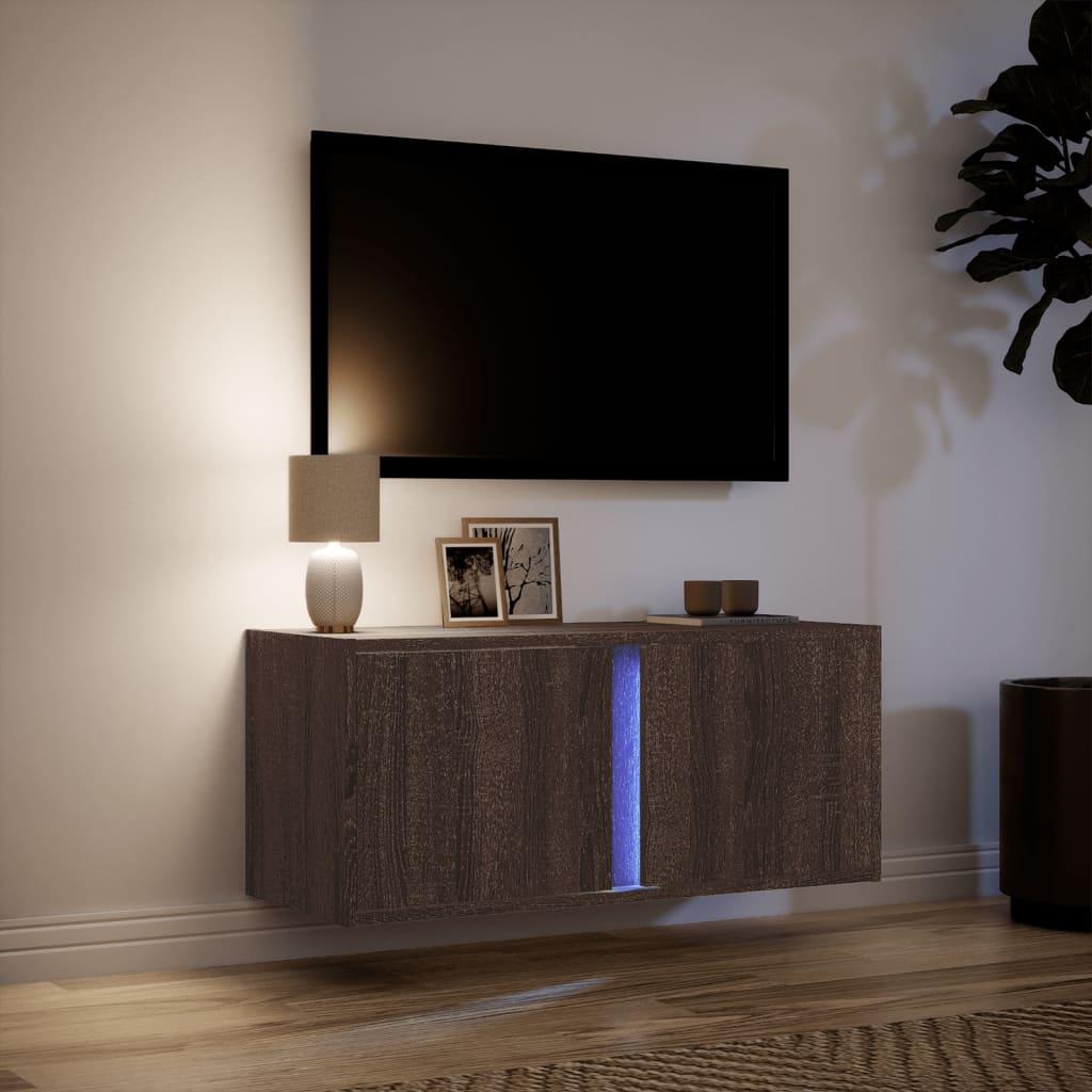 Mobile TV a Parete con Luci LED-Mobile TV a Muro Rovere Marrone 80x31x35 cm 731578