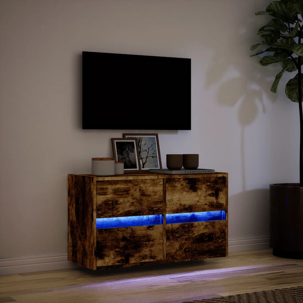 Mobile TV a Parete con Luci LED-Mobile TV a Muro Rovere Fumo 80x31x45 cm 522794