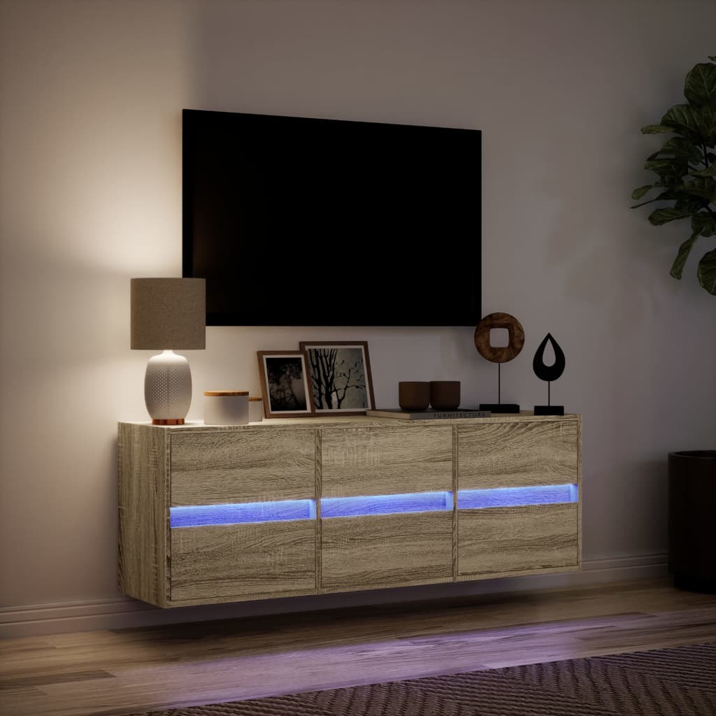 Mobile TV a Parete con Luci LED-Mobile TV a Muro Rovere Sonoma 130x31x45 cm 139836