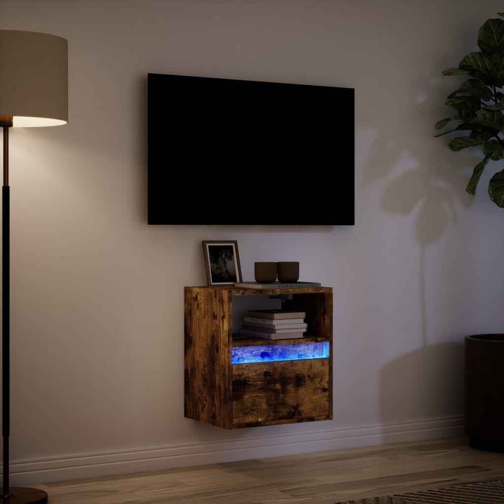 Mobile TV a Parete con Luci LED-Mobile TV a Muro Rovere Fumo 41x31x45 cm 625896