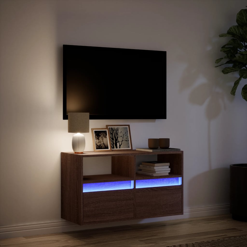 Mobile TV a Parete con Luci LED-Mobile TV a Muro Rovere Marrone 80x31x45 cm 939464