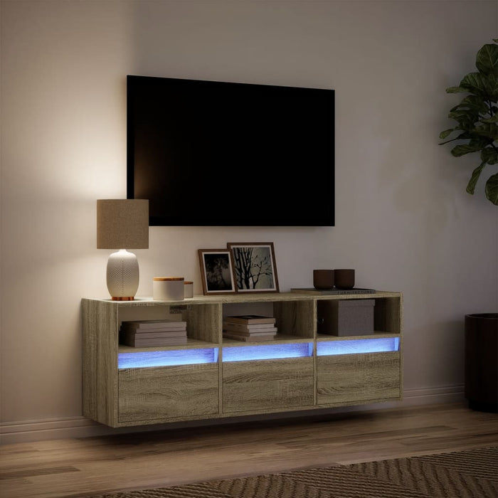 Mobile TV a Parete con Luci LED Rovere Sonoma 130x31x45 cm 852343