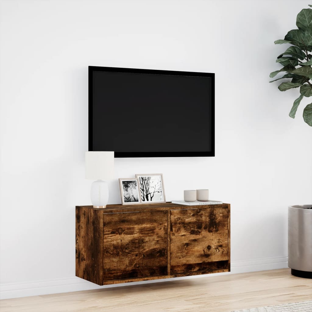 Mobile TV a Parete con Luci LED Rovere Fumo 80x31x35 cm 852359