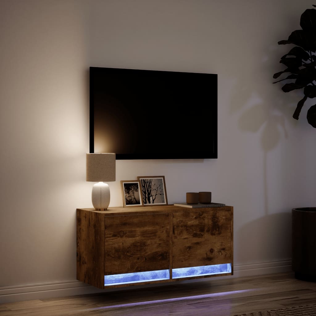 Mobile TV a Parete con Luci LED Rovere Fumo 80x31x35 cm 852359