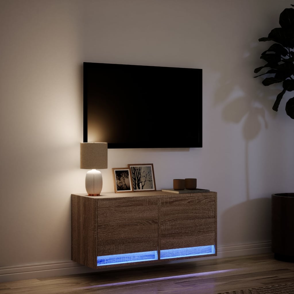 Mobile TV a Parete con Luci LED-Mobile TV a Muro Rovere Marrone 80x31x35 cm 658747