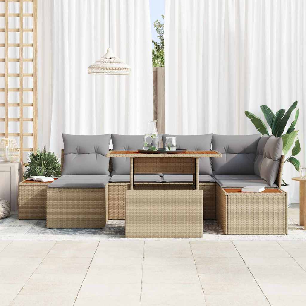 Set da Pranzo da Giardino 7 Pezzi con Cuscini Beige in Rattan Sintetico e Acacia 3350087