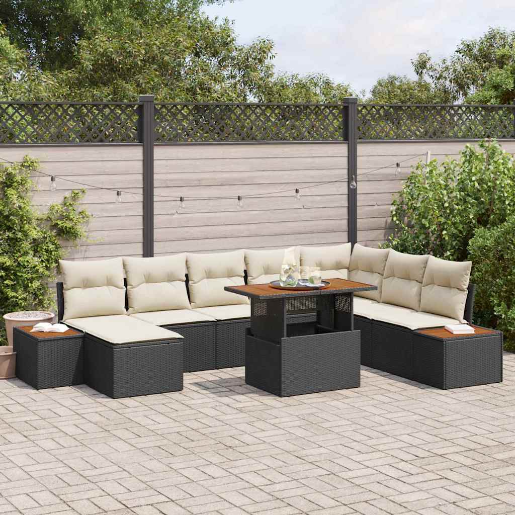 Set da Pranzo da Giardino da 9 Pezzi con Cuscini in Rattan Sintetico Nero e Acacia 3350094