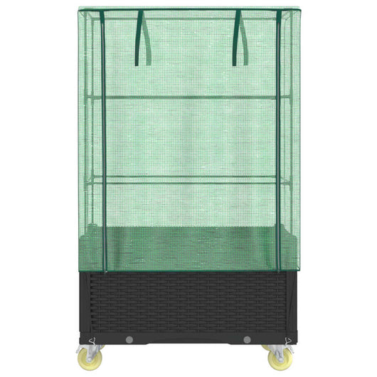 Vaso per fioriera rialzata per piante fiori terrazza da giardino rialzata con copertura e ruote effetto rattan nero 02_0038801