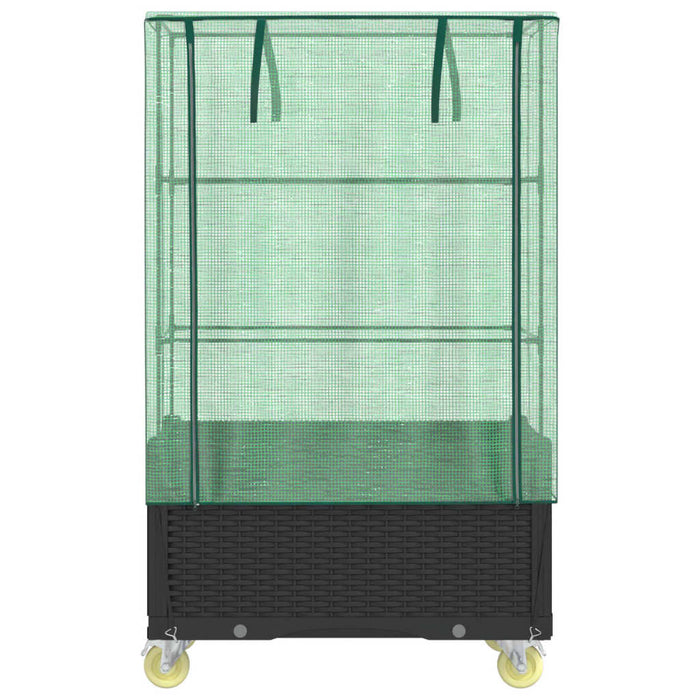 Vaso per fioriera rialzata per piante fiori terrazza da giardino rialzata con copertura e ruote effetto rattan nero 02_0038801