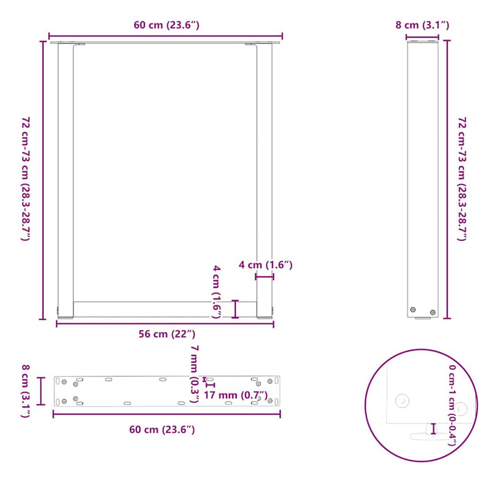vidaXL Gambe per tavolo da pranzo a forma di U 2 pz in acciaio naturale 60x(72-73) cm