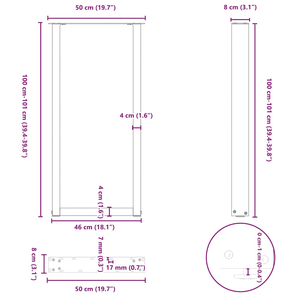 Gambe Tavolino da Caffè a U 2 pz Nero 50x(100-101)cm in Acciaio 4013232