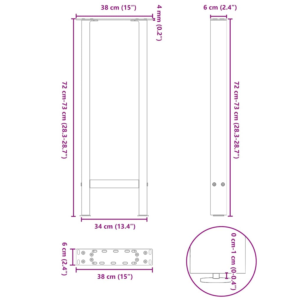 Set di 2 gambe robuste per tavolo consolle con piedini livellatori 38 x 72 cm acciaio bianco 02_0057537
