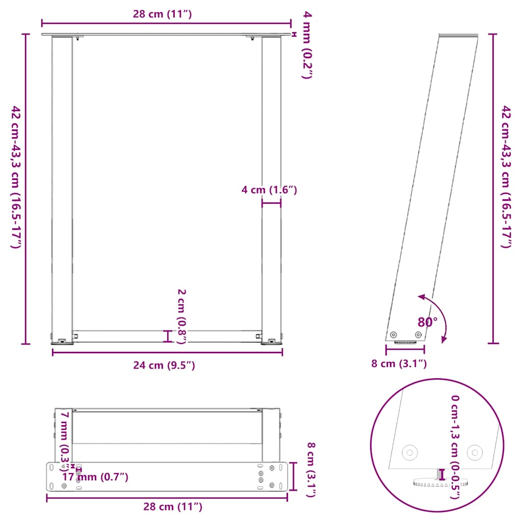 vidaXL Gambe per Tavolino da Caffè a Forma di U 2 pz Acciaio Naturale 28x(42-43) cm Acciaio