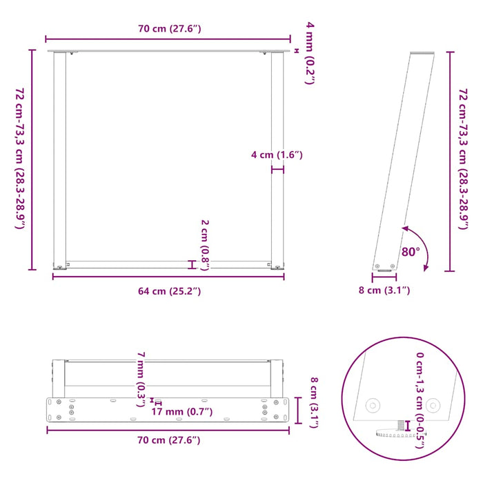 Gambe per tavolo da pranzo a forma di U 2 pz bianche 70x(72-73) cm in acciaio 4012793