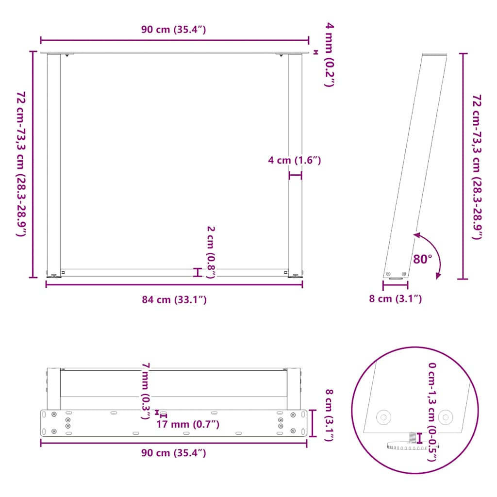Gambe per tavolo da pranzo a forma di U 2 pz Antracite 90x(72-73) cm Acciaio 4012802
