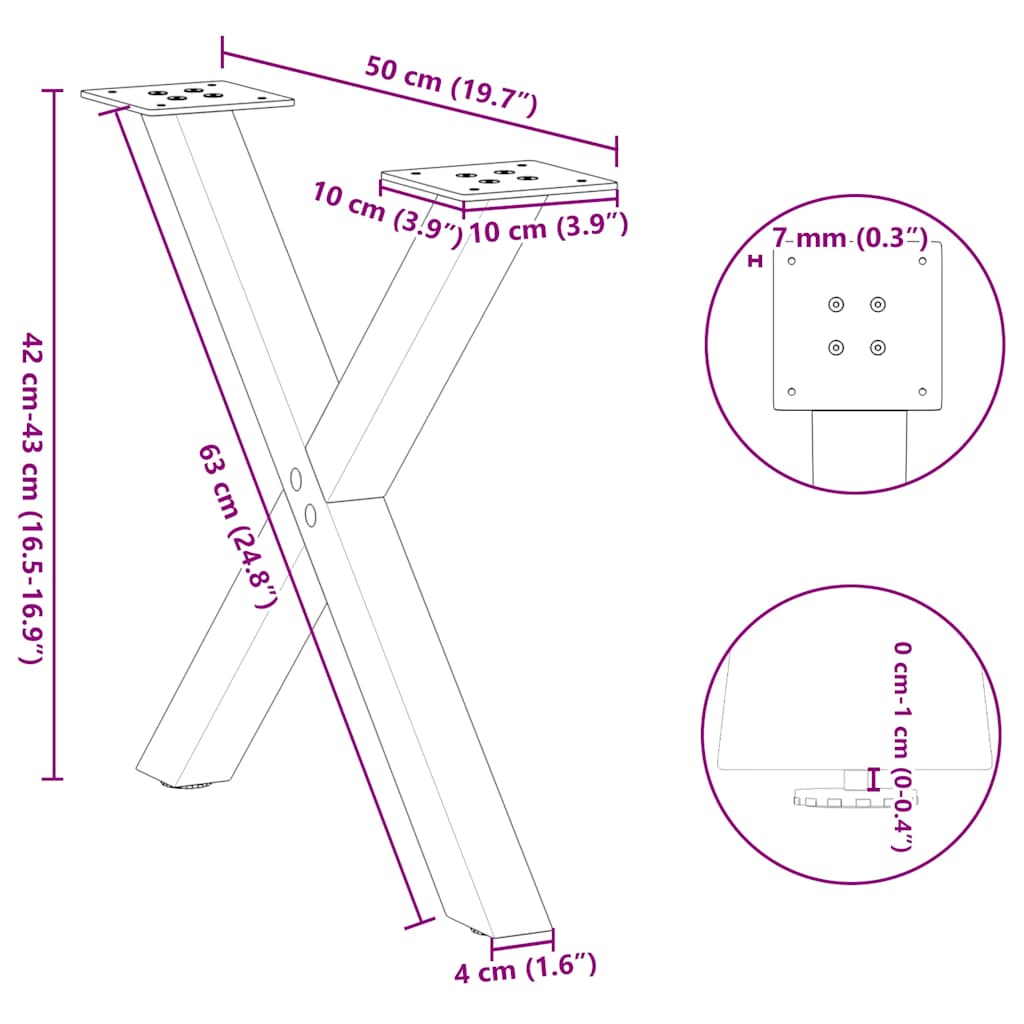 Gambe per Tavolino da Caffè a Forma di X 2 pz Acciaio Naturale 50x(42-43) cm Acciaio