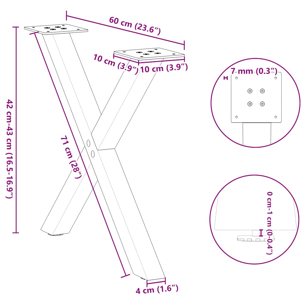 Gambe per Tavolino da Caffè a Forma di X 2 pz Acciaio Naturale 60x(42-43) cm Acciaio