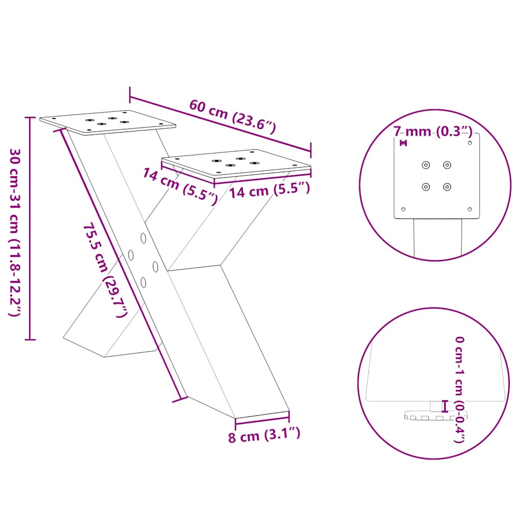 Gambe per Tavolino da Caffè a Forma di X 2 pz Acciaio Naturale 60x(30-31) cm Acciaio