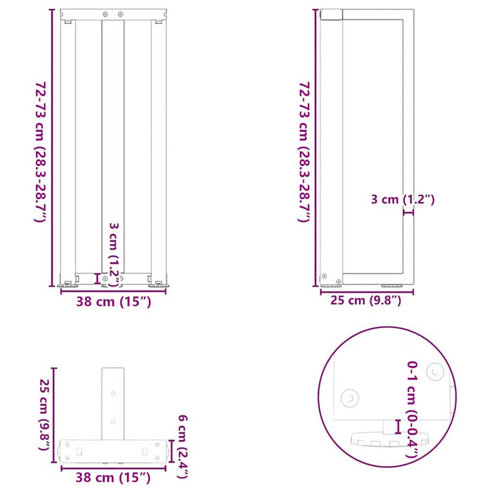 vidaXL Gambe per Tavolo Consolle a Forma di T 2 pz Nere 38x25x(72-73) cm Acciaio