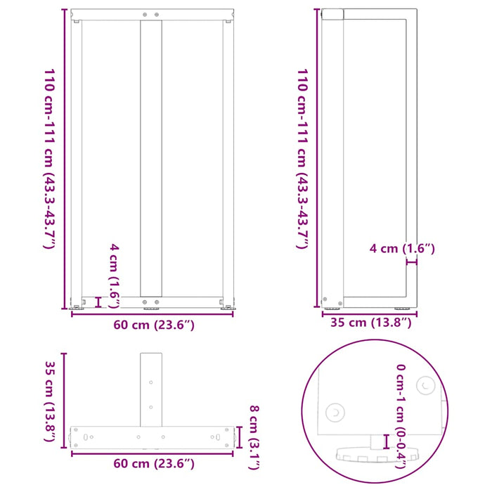 Gambe per tavolo da bar a forma di T 2 pz nere 60x35x(110-111) cm in acciaio