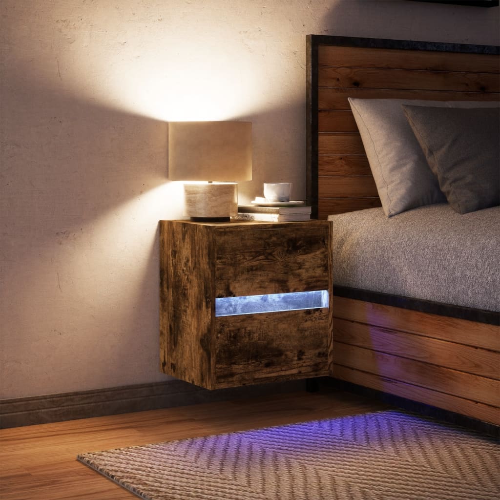 Comodino a Parete con Luci LED-Tavolino da notte sospeso Rovere Fumo 720806