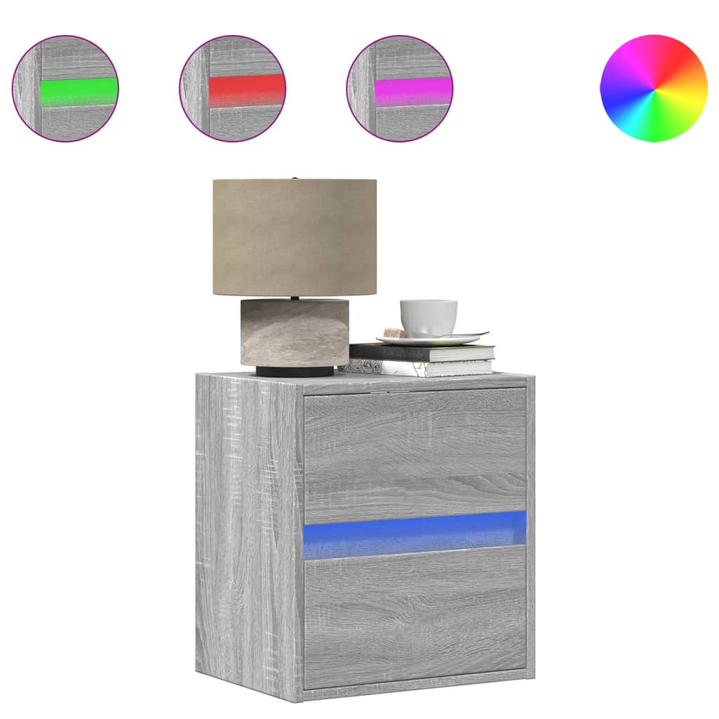 vidaXL Comodini a Parete con luci LED 2 pz Grigio Sonoma