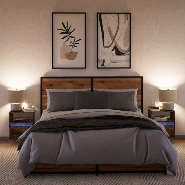 Comodini a Parete con luci LED 2 pz Rovere Fumo 3307984