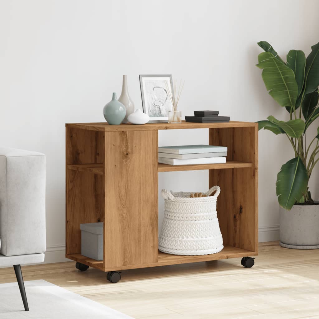 Tavolino con Ruote Rovere Artigianale 70x35x60 cm in Truciolato