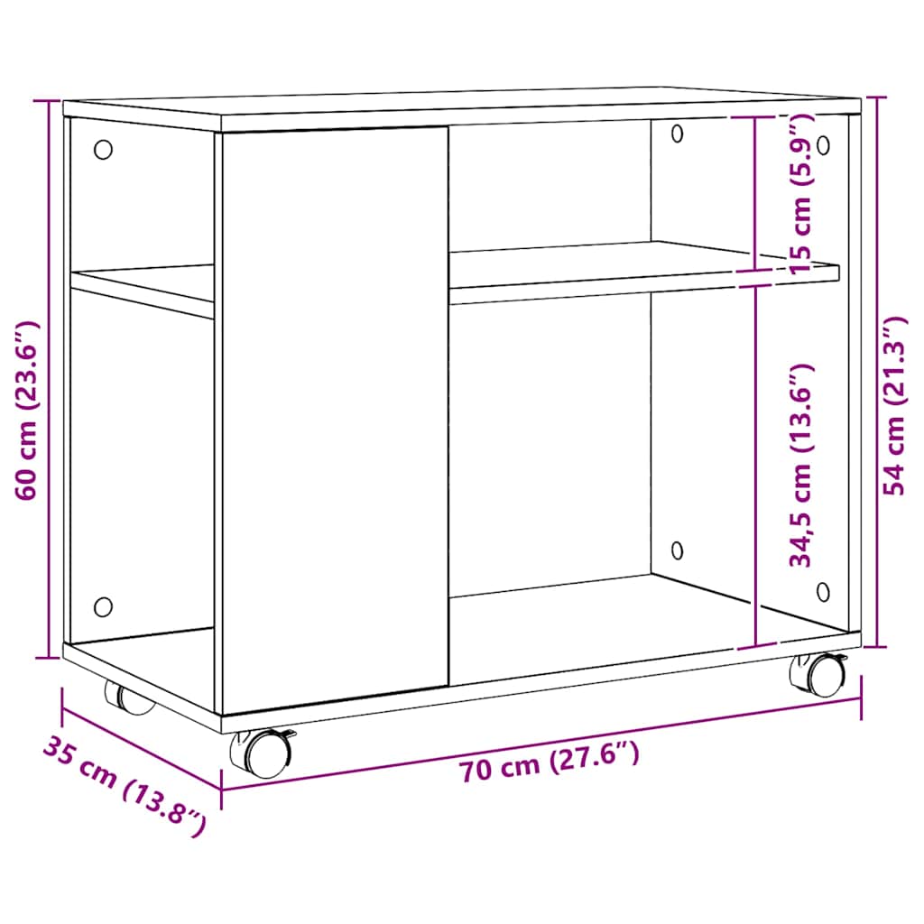 Tavolino con Ruote Rovere Artigianale 70x35x60 cm in Truciolato 853154