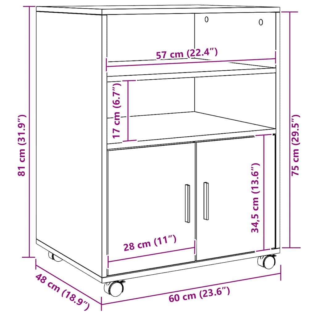 vidaXL Armadietto con Ruote Rovere Artigianale 60x48x81 cm Truciolato