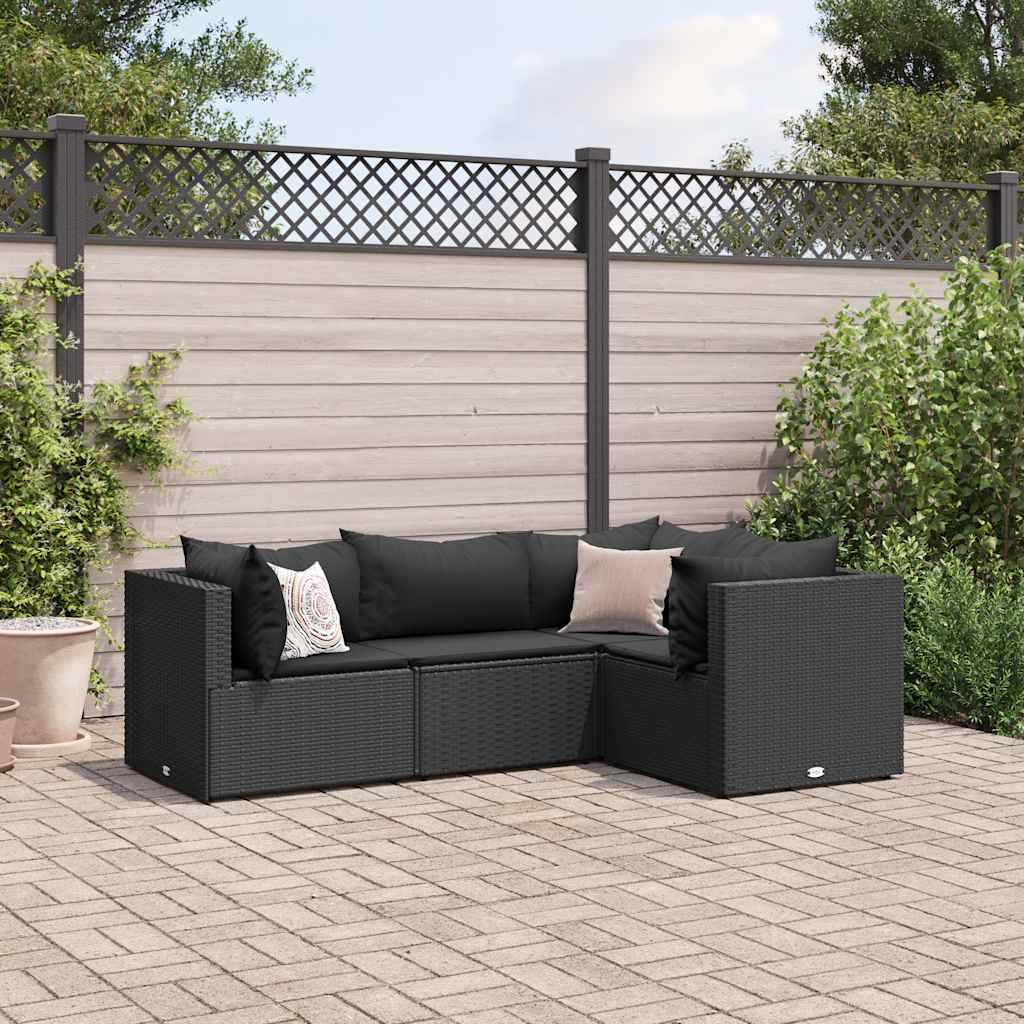 vidaXL Set Divani da Giardino 4 pz con Cuscini Nero in Polyrattan