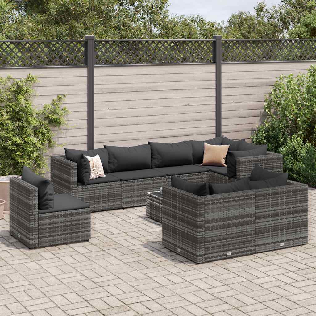 vidaXL Set Divani da Giardino 9 pz con Cuscini in Polyrattan Grigio