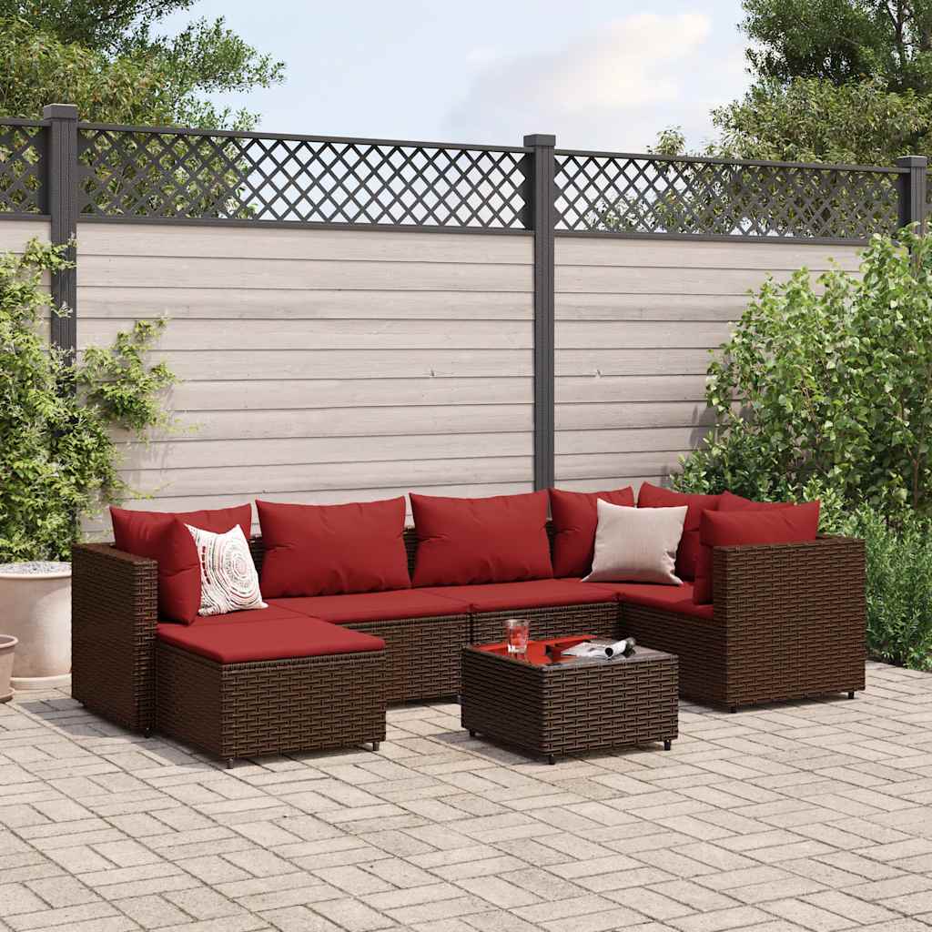 vidaXL Set Divani da Giardino 7 pz con Cuscini in Polyrattan Marrone