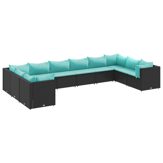 Set Salotto da Giardino 10pz con Cuscini in Polyrattan Nero