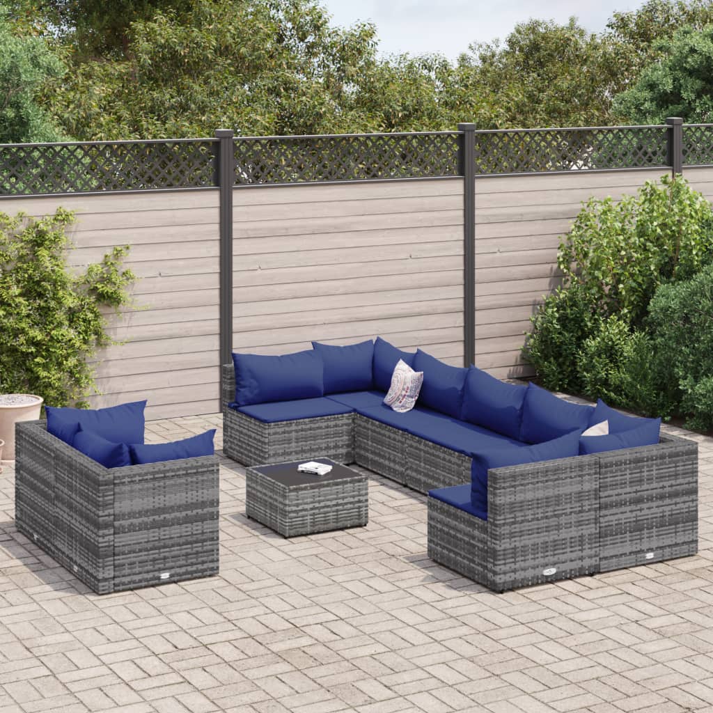 vidaXL Set Divano da Giardino 10 pz con Cuscini Grigio in Polyrattan
