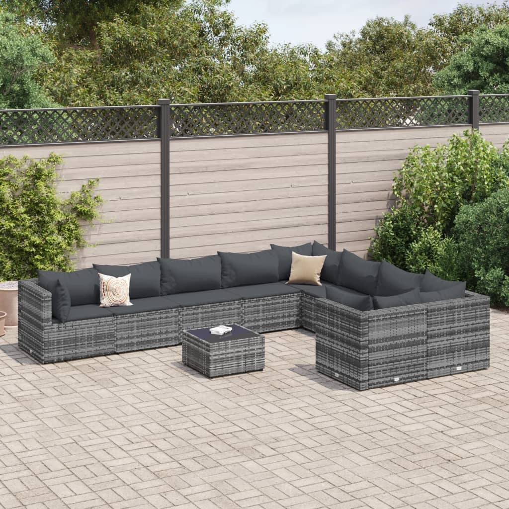 Set Divano da Giardino 10 pz con Cuscini Grigio in Polyrattan