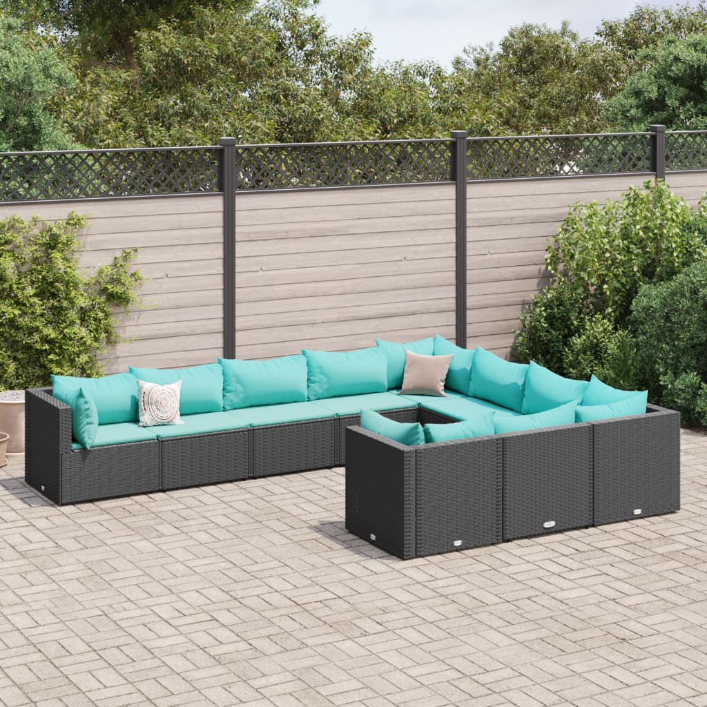 vidaXL Set Divani da Giardino 10pz con Cuscini in Polyrattan Nero
