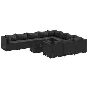 vidaXL Set Divani da Giardino 11 pz con Cuscini in Polyrattan Nero