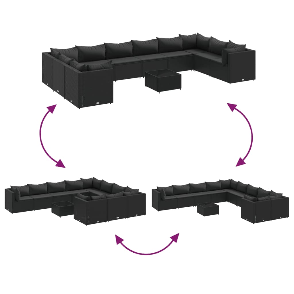 vidaXL Set Divani da Giardino 11 pz con Cuscini in Polyrattan Nero