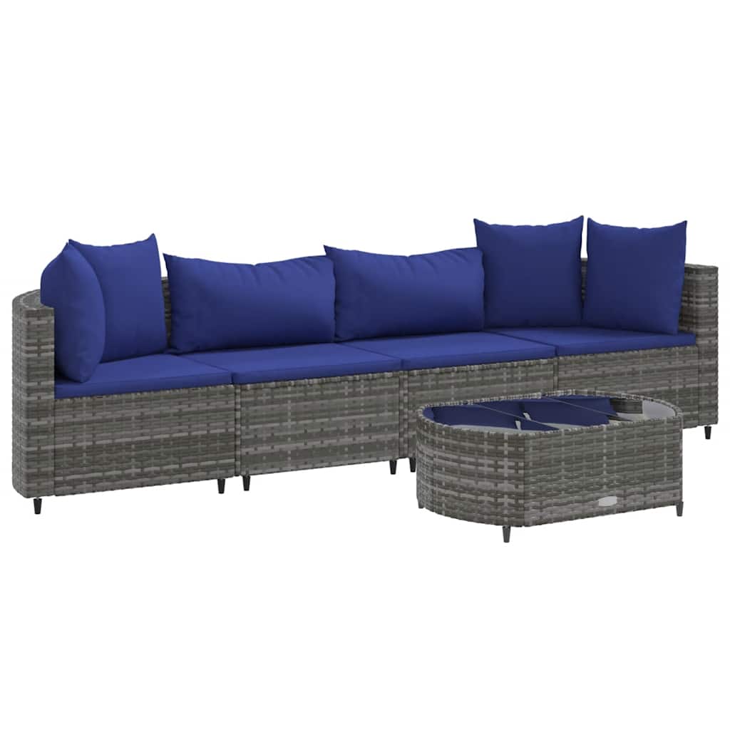 Set Divano da Giardino 5 pz con Cuscini-Sofa da Giardino-Divanetto da esterno Grigio in Polyrattan 857704