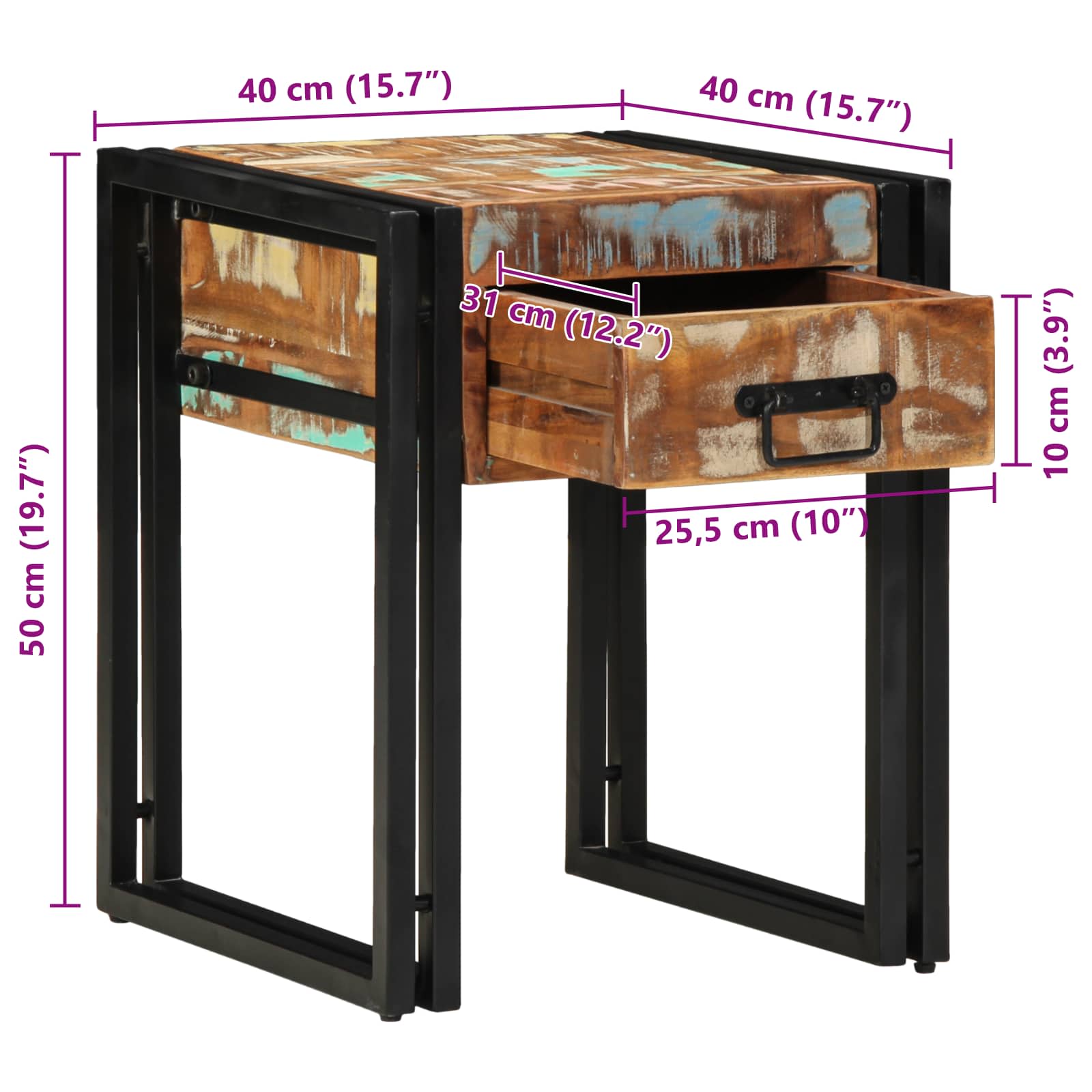 Tavolino 40 x 40 x 50 cm Legno massiccio recuperato e metallo 4016713