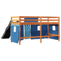Letto a Soppalco con Tende Bambini Blu 90x200 cm Massello Pino