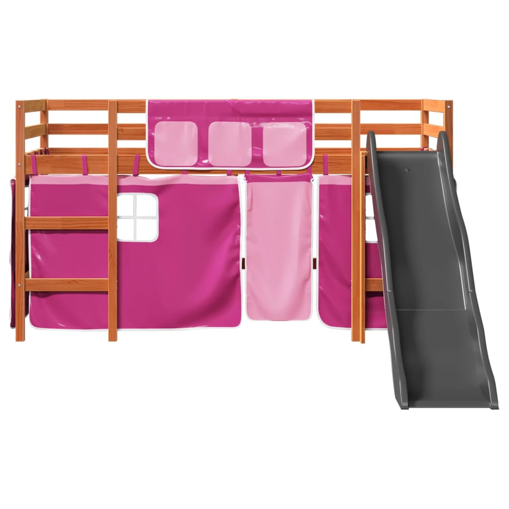 Letto a Soppalco con Tende Bambini Rosa 90x200 cm Massello Pino