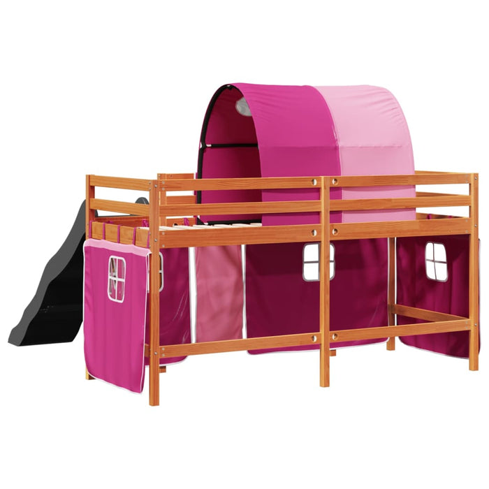 Letto a Soppalco con Tunnel Bambini Rosa 90x190cm Massello Pino
