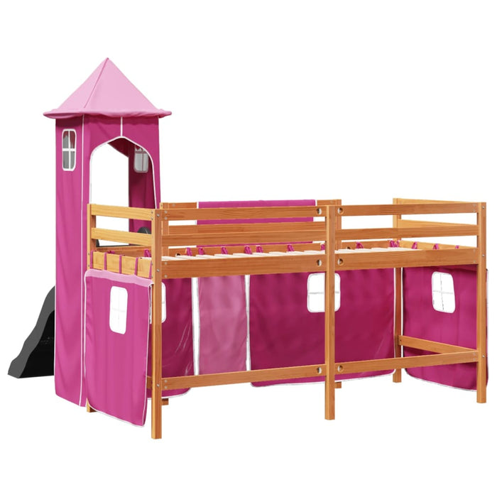Letto a Soppalco con Torre Bambini Rosa 80x200cm Massello Pino